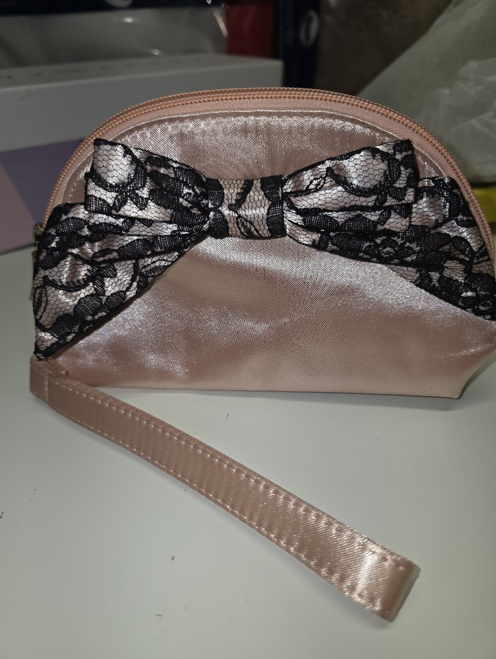 Mary Kay Limited Edition Promo Satin Wristlet in Blush Pink with Black Lace Bow